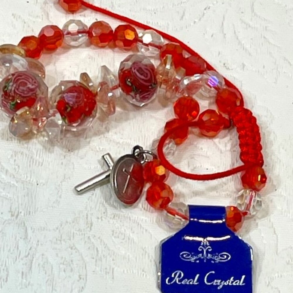Religious Red & Clear Real Crystal Rosary Bracelet Red Cord Crucifix Charm